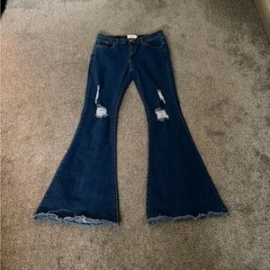Umgee Distressed Flare Jeans in Deep Blue